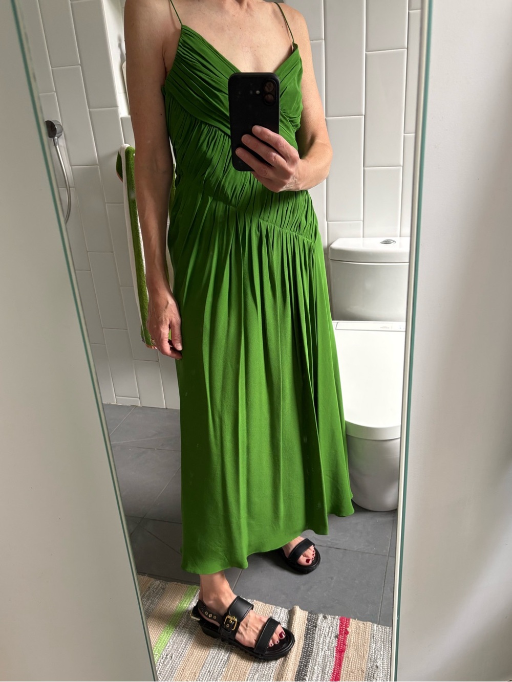 DKNY Vibrant Green Silk Ruched Dress